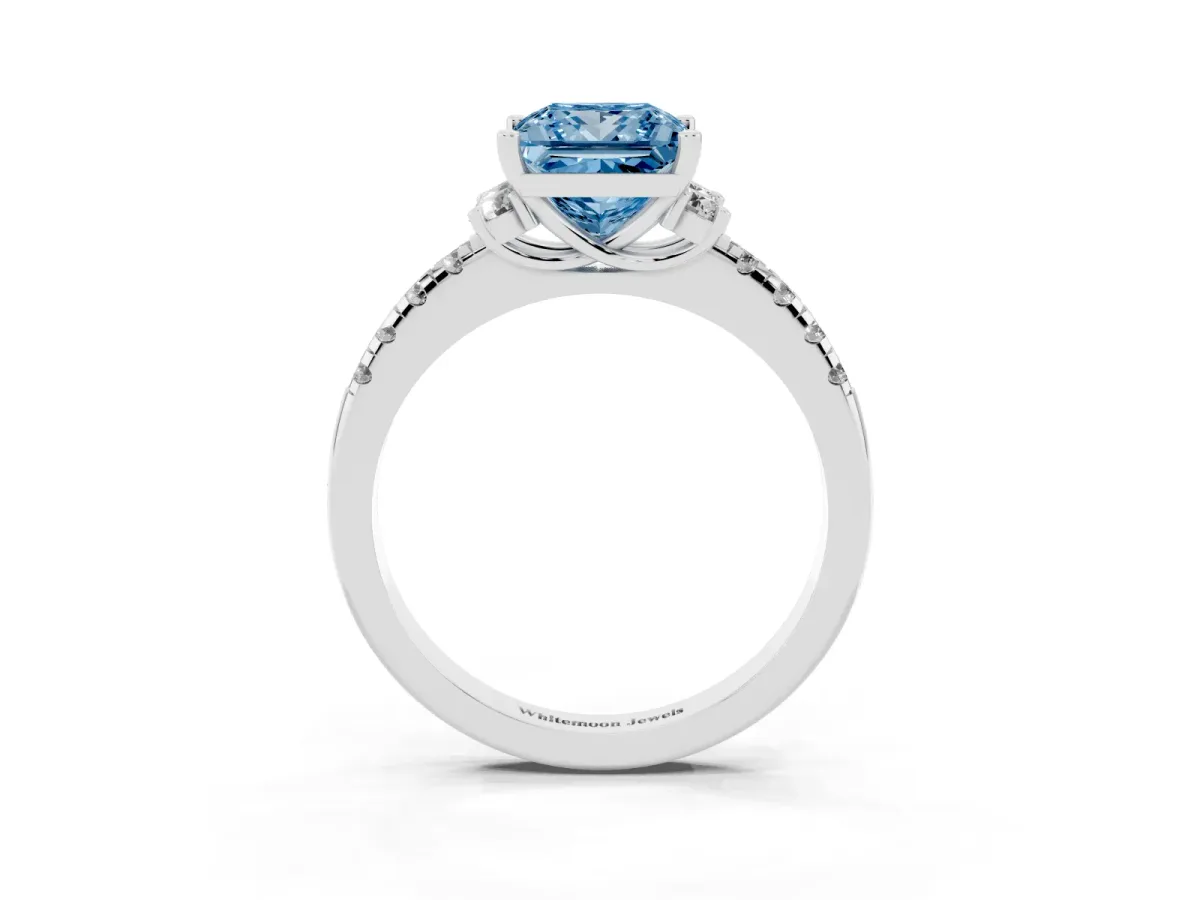 Fancy Blue Princess Cut Diamond Three-Stone Pave Band with Four-Prong Setting Silver
