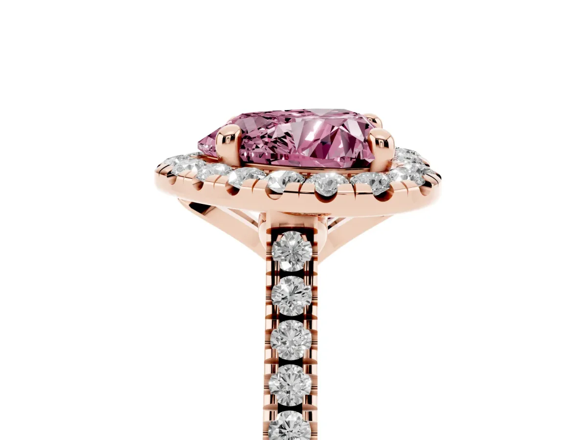 Fancy Pink Heart Cut Diamond Cushion Halo Ring with Pavé Band Rose gold