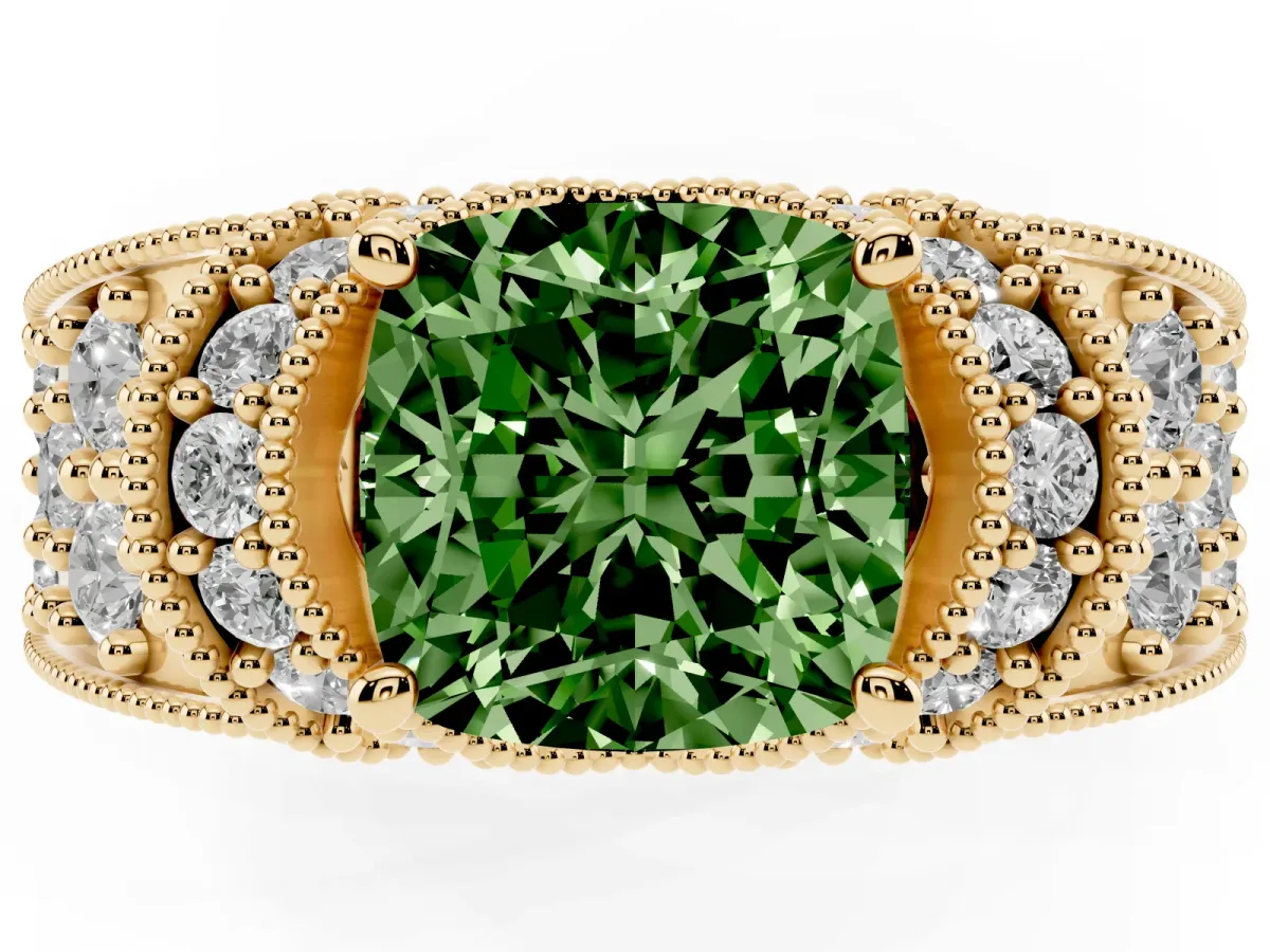 Fancy Green Cushion Cut Halo Pave Diamond Engagement Ring with Milgrain Detailing Yellow gold