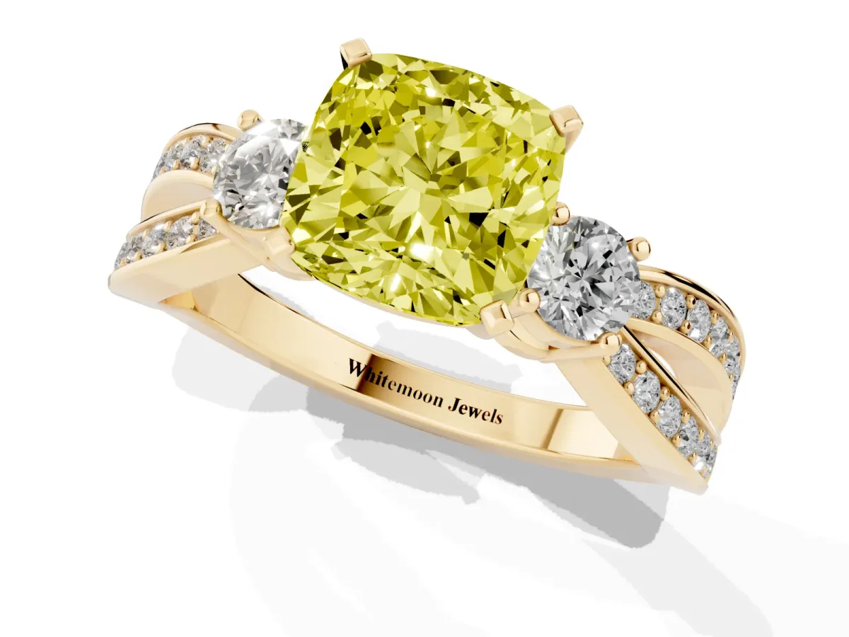 Fancy Yellow Three-Stone Cushion Cut Cut Diamond Twist Band with Prong Setting Yellow gold