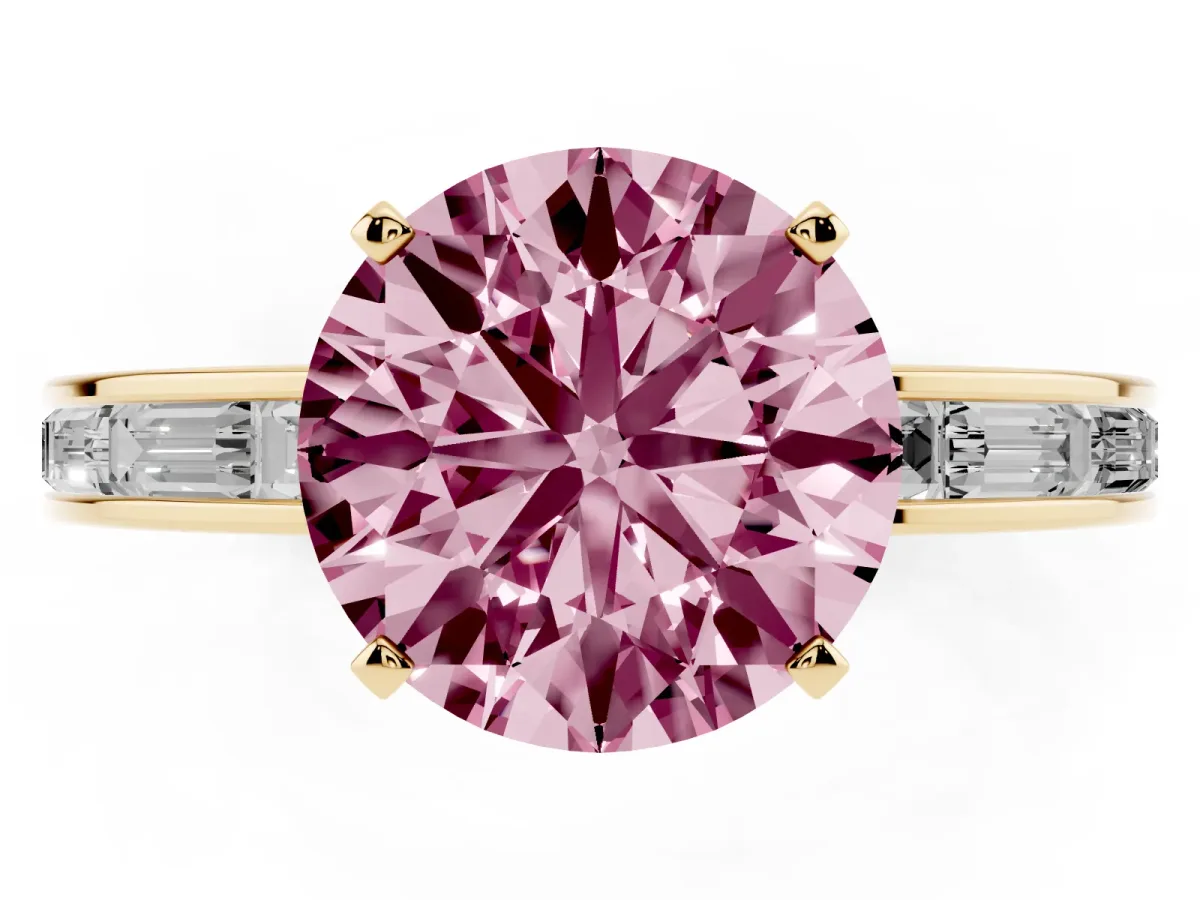 Fancy Pink Round Cut Solitaire Diamond Ring with Channel-Set Baguette Band and Four-Prong Setting Yellow gold