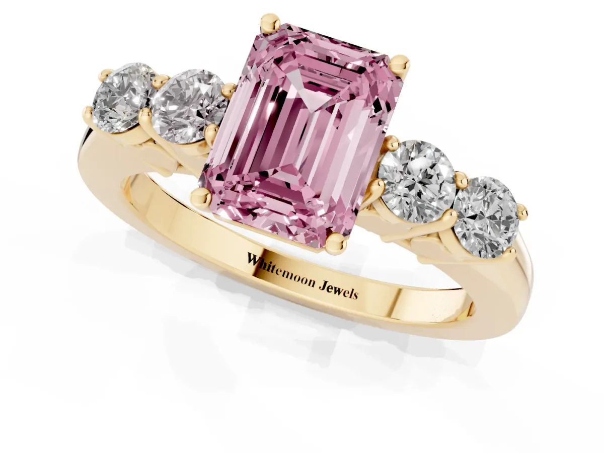 Fancy Pink Emerald Cut Cut Diamond Five-Stone Prong Set White Gold Ring Yellow gold