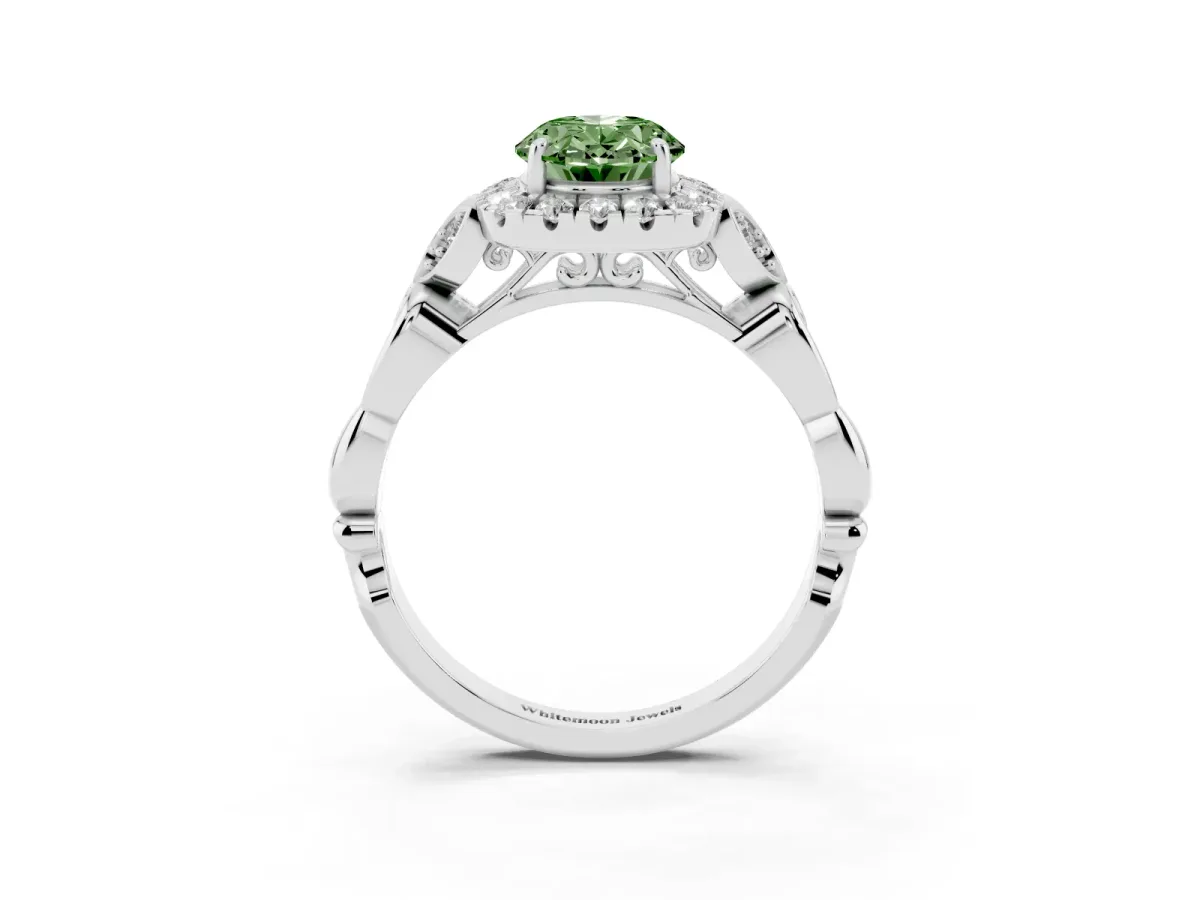 Fancy Green Oval Cut Halo Diamond Engagement Ring with Vintage-Inspired Band and Four-Prong Setting Platinum