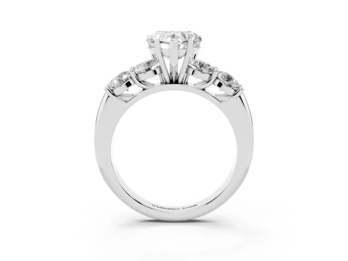 Heart Cut Cut Five-Stone Prong Set Diamond Ring with Classic Band Platinum