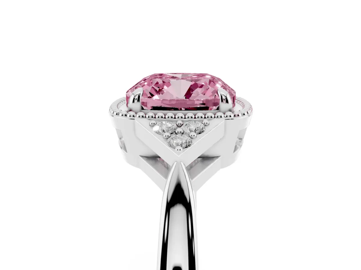 Fancy Pink Cushion Cut Diamond Halo Ring with Tapered Band and Four-Prong Setting White gold