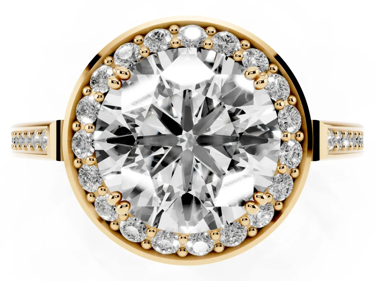Round Cut Diamond Halo Ring with Split Shank and Four-Prong Setting Yellow gold