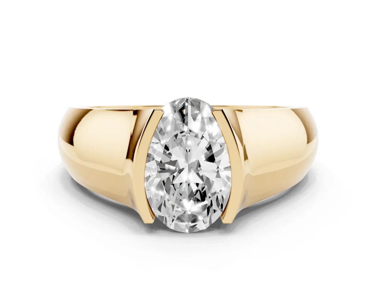 Oval Cut Solitaire Bezel Set Diamond Ring with Wide Band Yellow gold