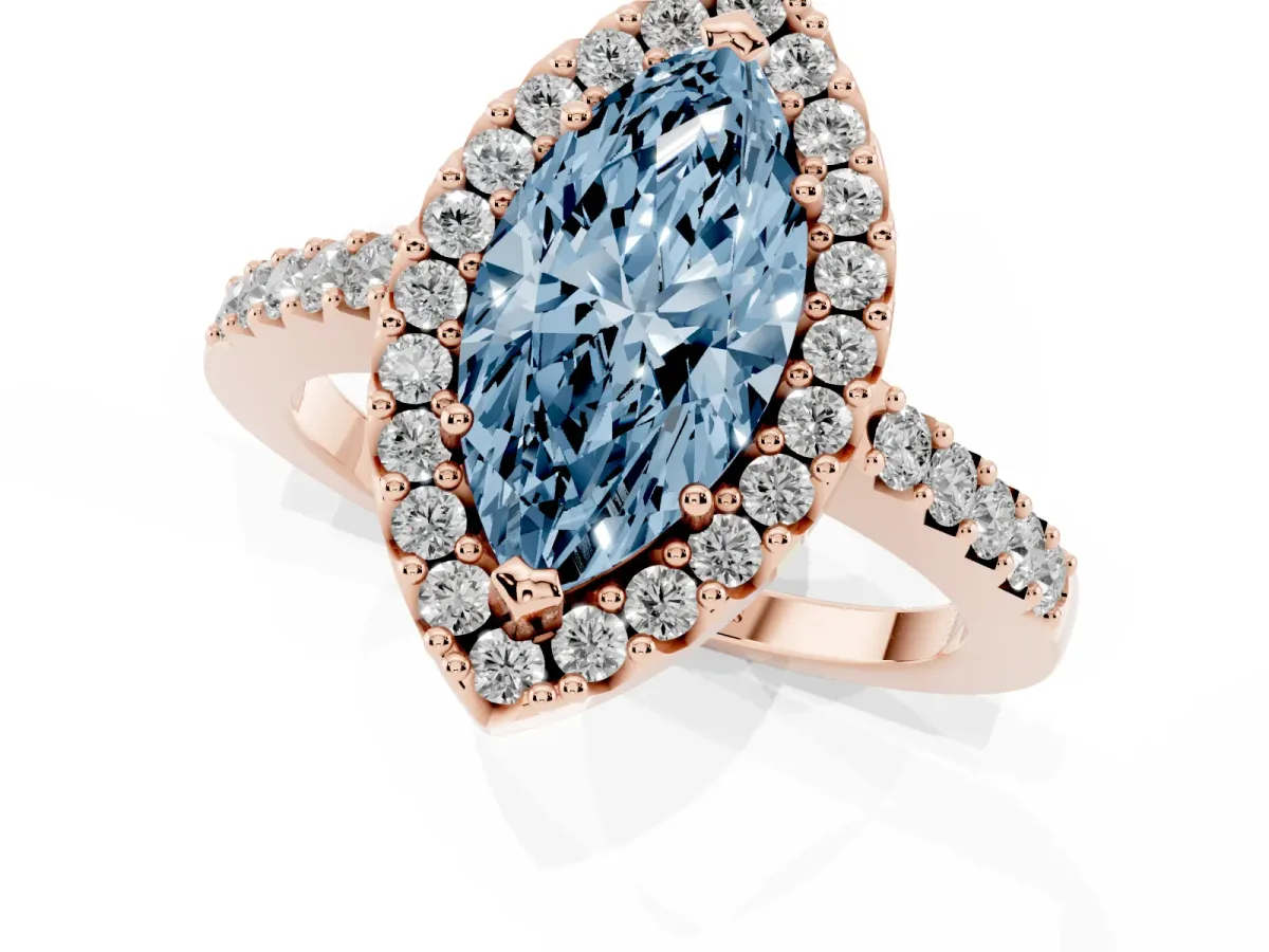 Fancy Blue Marquise Cut Halo Diamond Pavé Solitaire Ring Rose gold