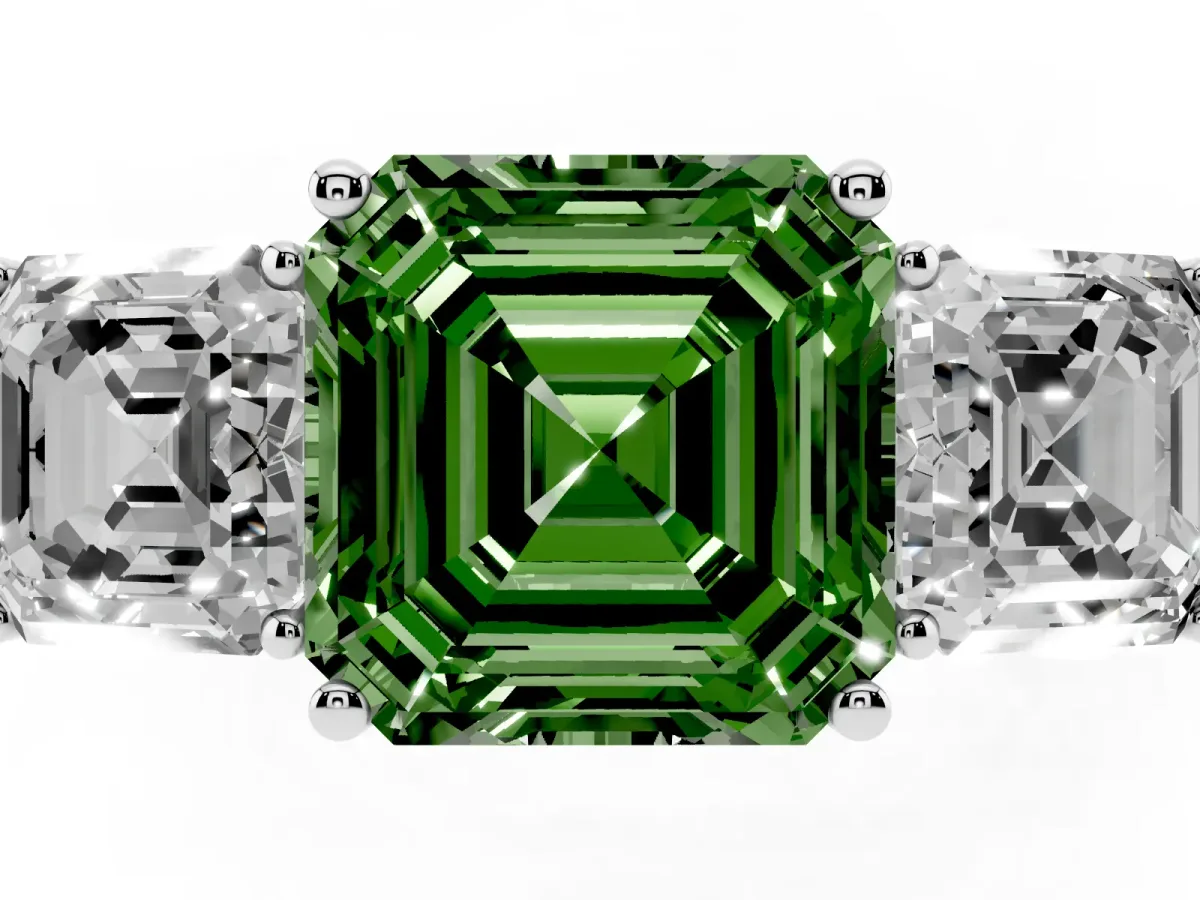 Fancy Green Three-Stone Asscher Cut Cut Diamond Engagement Ring with Flat Band and Four-Prong Setting Silver