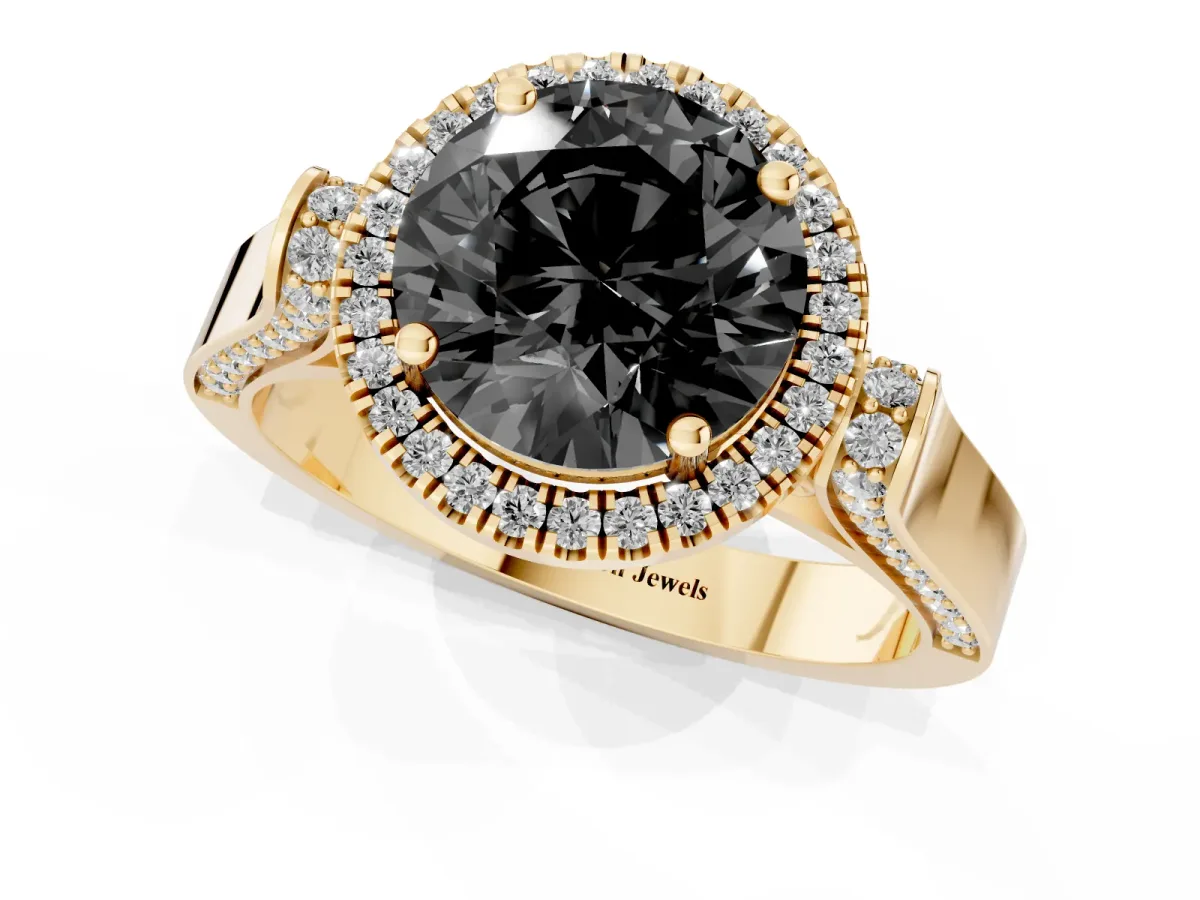 Fancy Black Round Cut Halo Round Diamond Twist Band with Four-Prong Setting Yellow gold