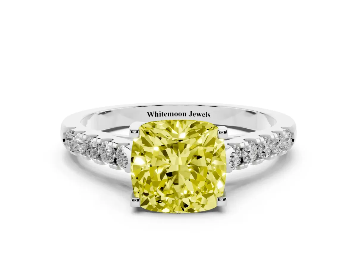 Fancy Yellow Cushion Cut Diamond Pavé Band Solitaire Ring with Prong Setting Platinum