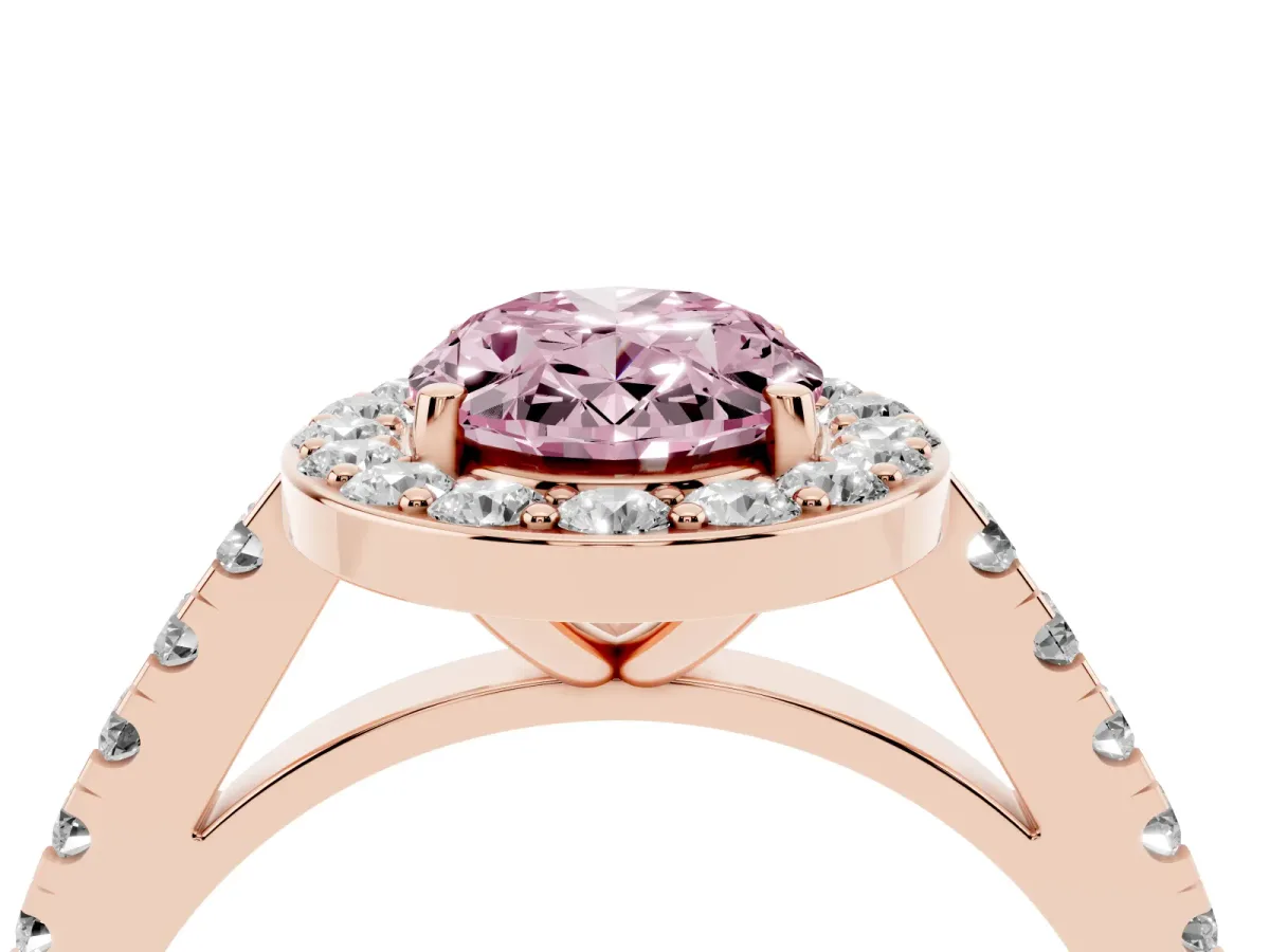Fancy Pink Oval Cut Diamond Halo Ring with Round Pavé Split Shank and Prong Setting Rose gold