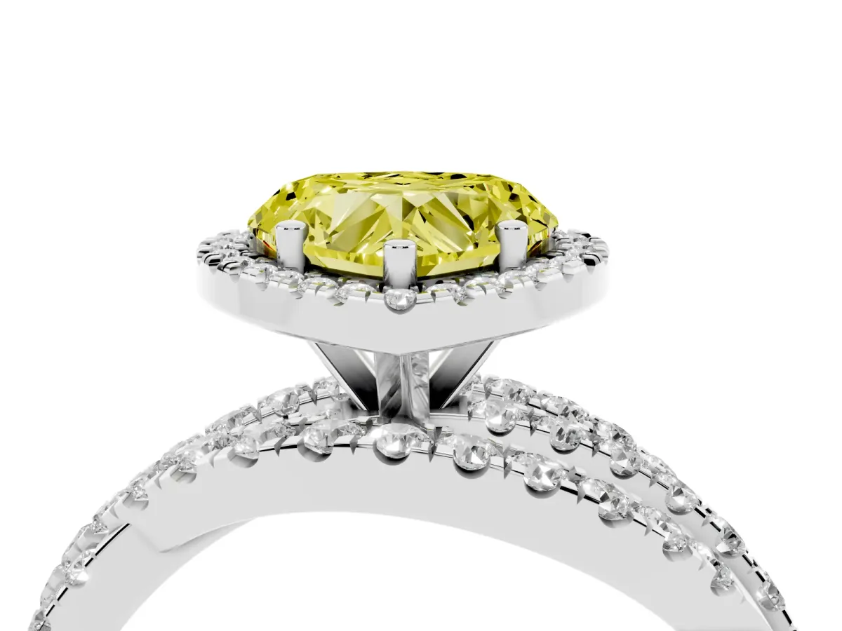Fancy Yellow Heart Cut Diamond Halo Ring with Round Split Shank and Prong Setting Silver