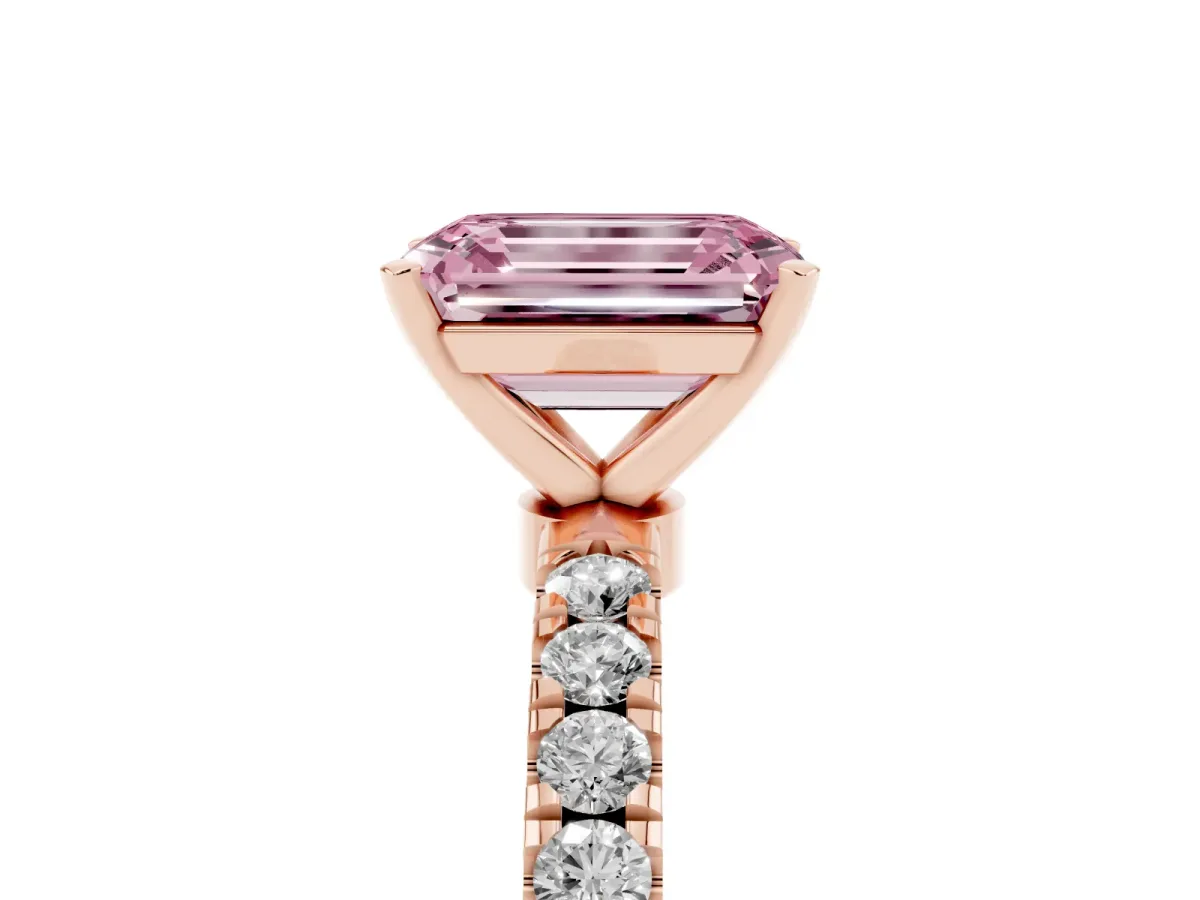 Fancy Pink Emerald Cut Diamond Solitaire Ring with Pavé Accents and Four-Prong Setting Rose gold