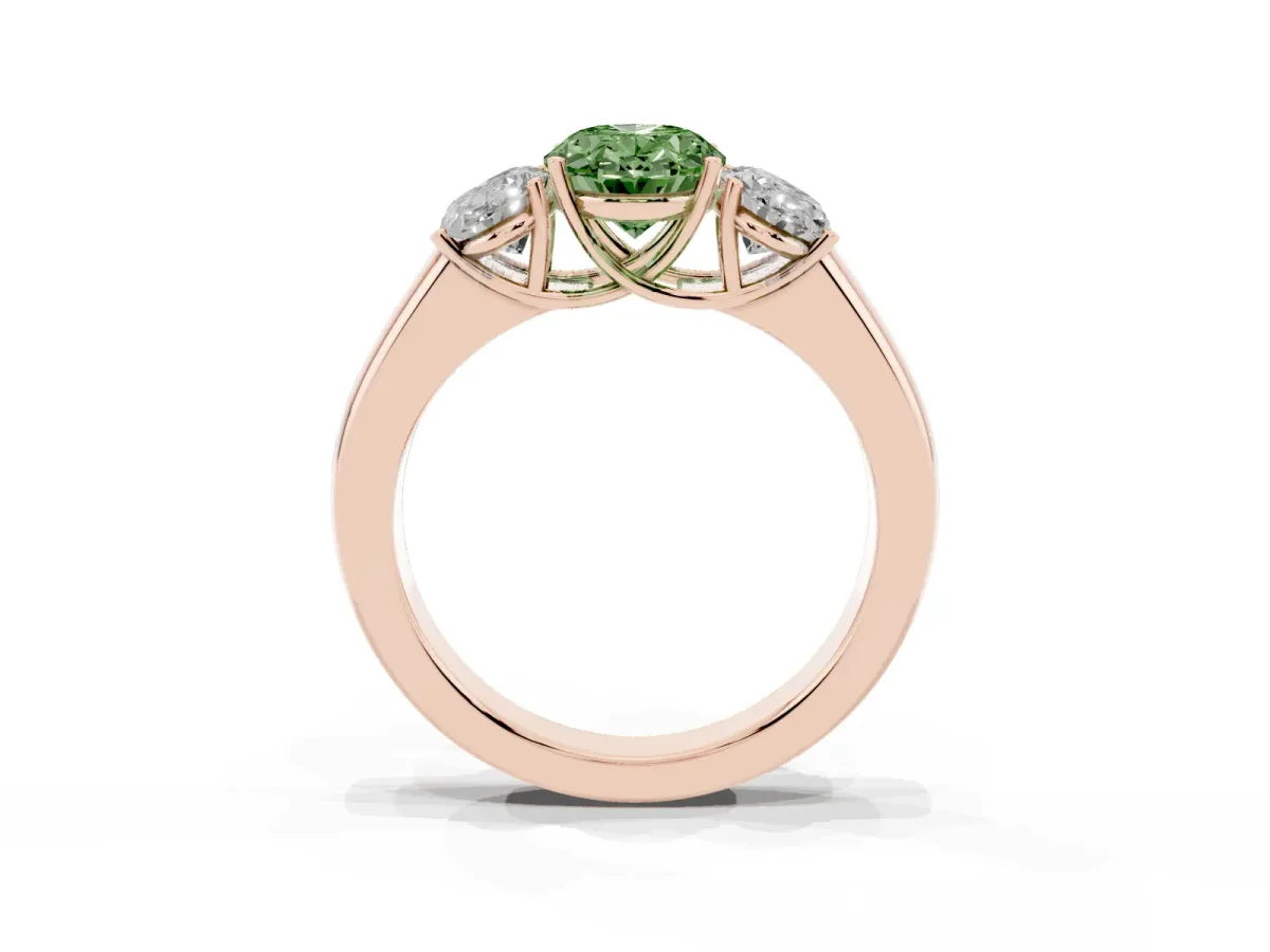 Fancy Green Three-Stone Oval Cut Cut Diamond Ring with Prong Setting and Classic Band Rose gold