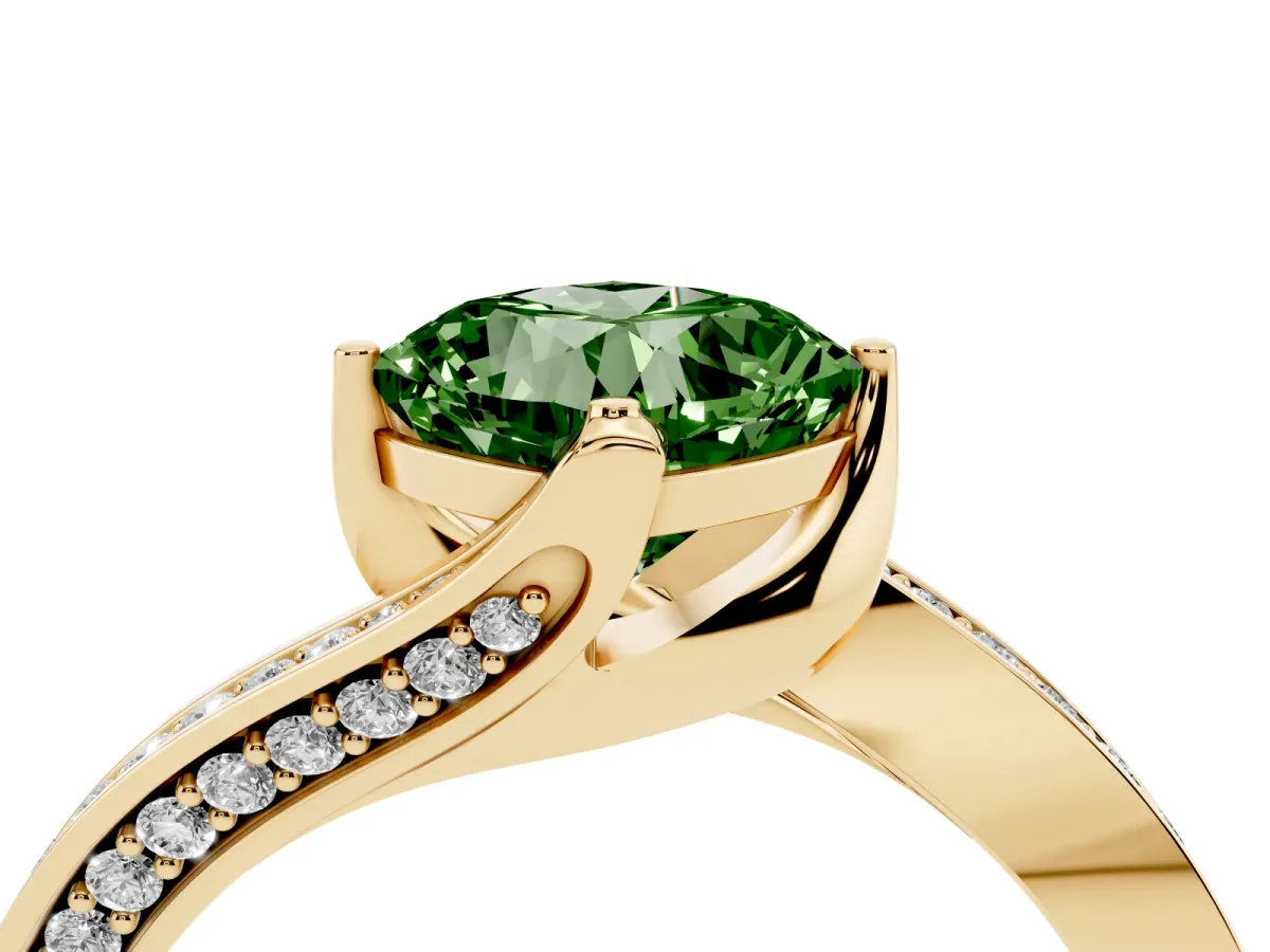 Fancy Green Cushion Cut Solitaire Diamond Twist Band with Pavé Setting and Four-Prong Setting Yellow gold