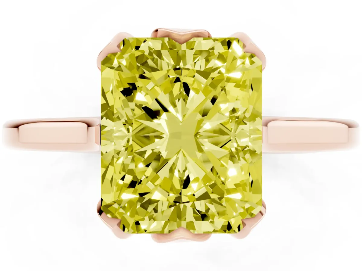 Fancy Yellow Radiant Cut Diamond Solitaire Ring with Flower Prong Setting and Classic Band Rose gold