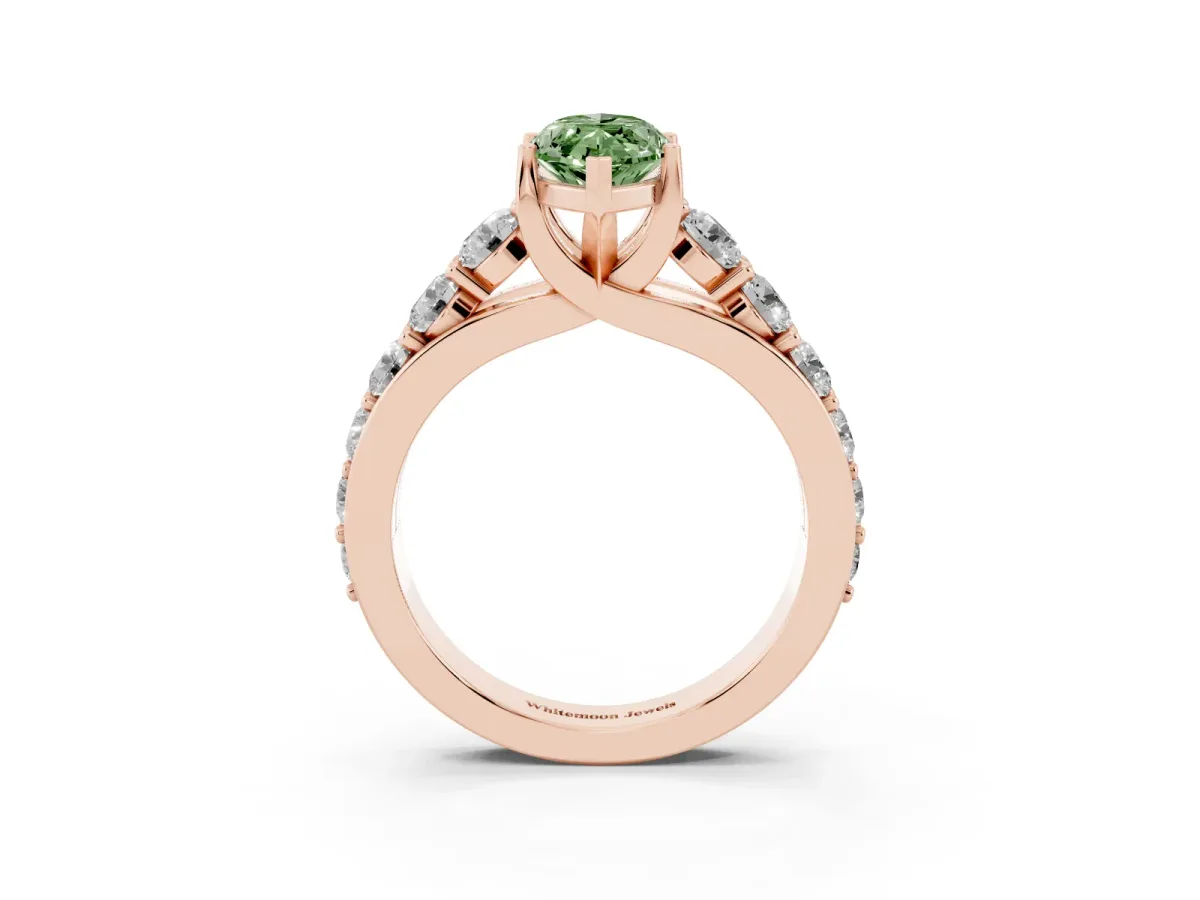 Fancy Green Marquise Cut Diamond Engagement Ring with Pavé Band and Four-Prong Setting Rose gold