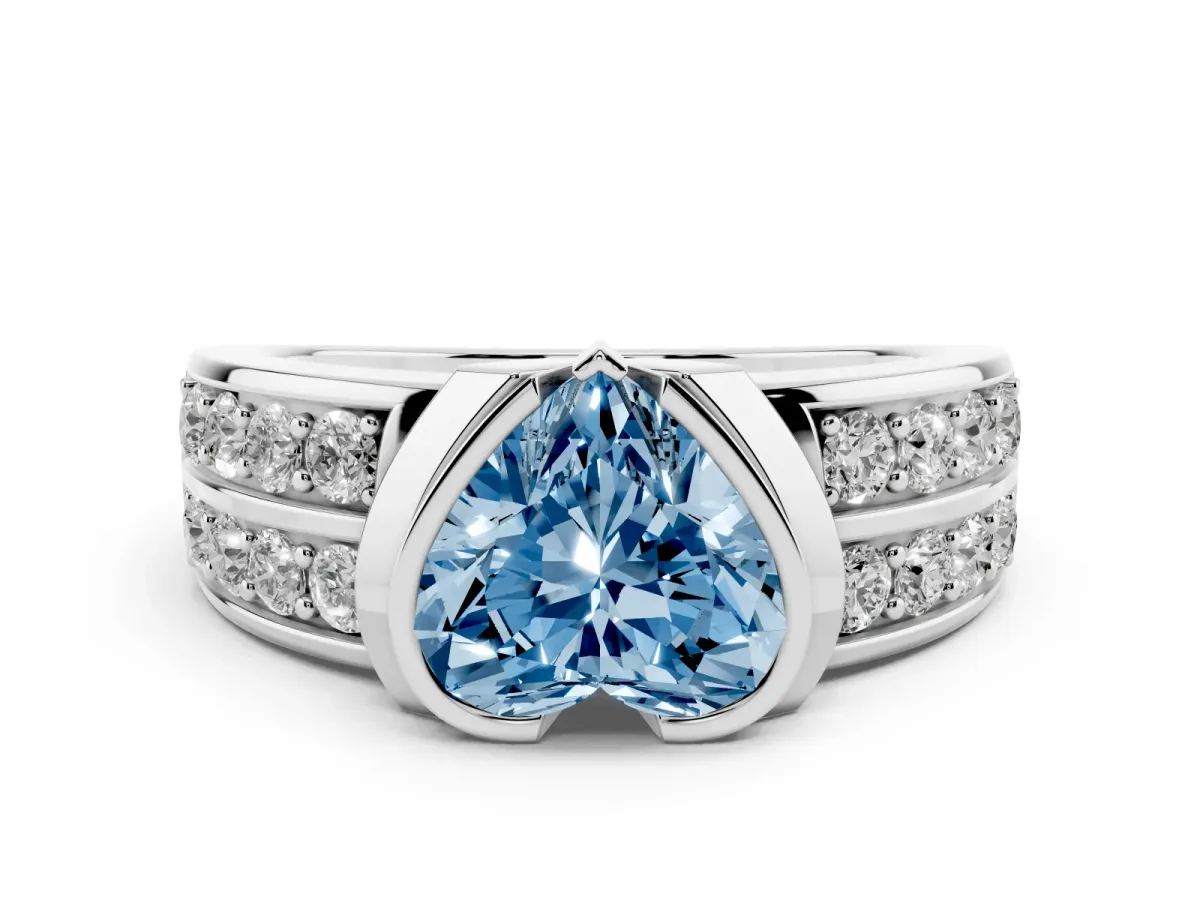 Fancy Blue Heart Cut Brilliant Diamond Channel Set Wide Band Ring with Bezel Setting Silver