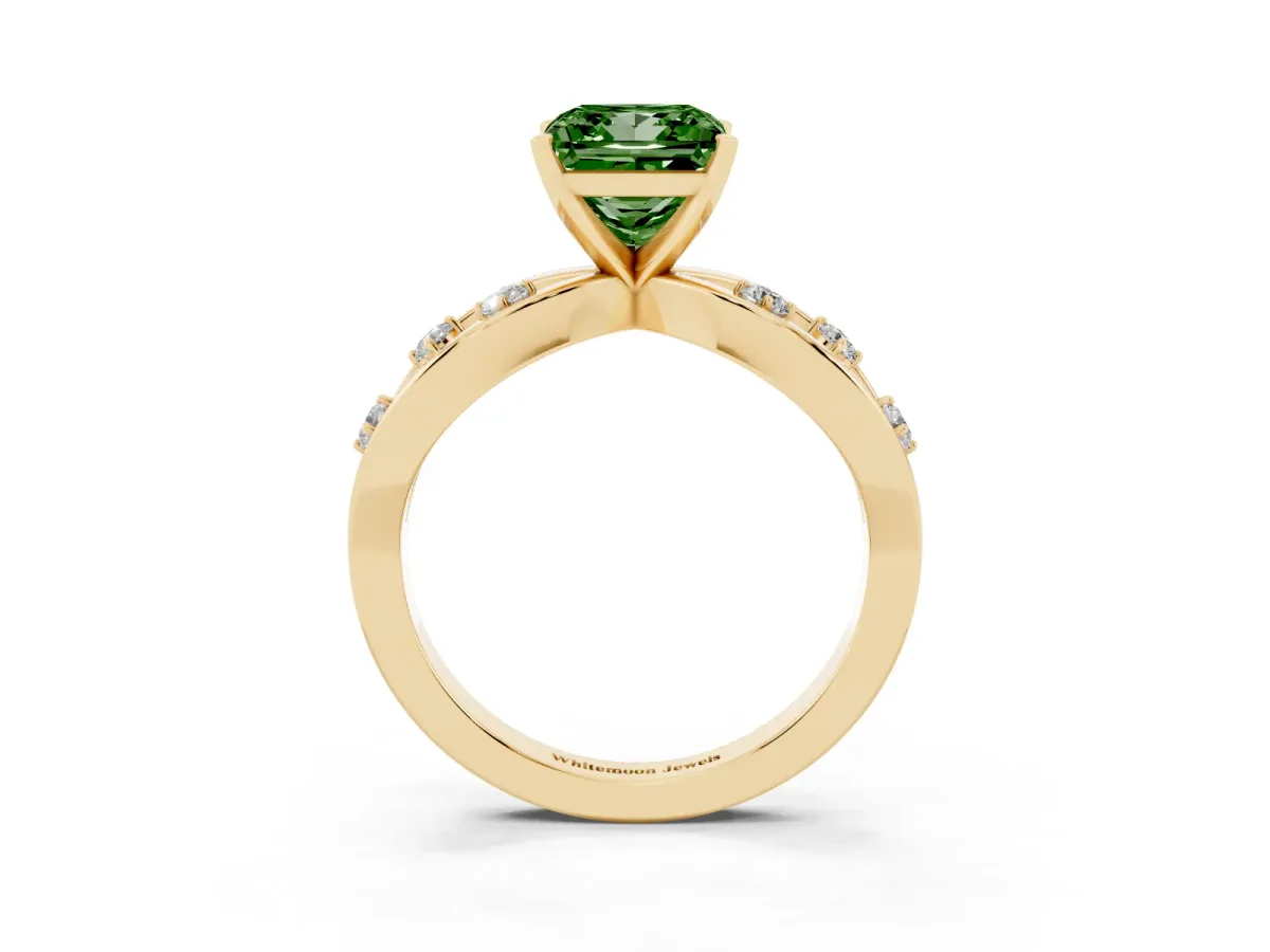 Fancy Green Princess Cut Cut Solitaire Diamond with Side Stones on Criss-Cross Band and Four-Prong Setting Yellow gold