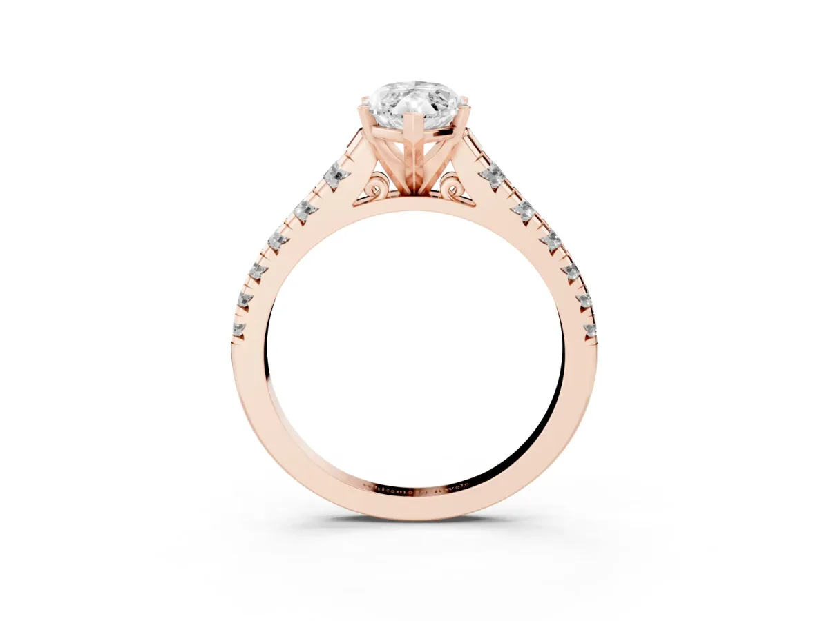 Marquise Cut Diamond Cathedral Solitaire Ring with Round Pavé Band Rose gold