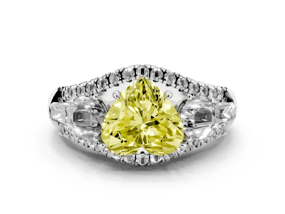 Fancy Yellow Three-Stone Heart Cut Diamond Engagement Ring with Pave Band and Prong Setting Silver