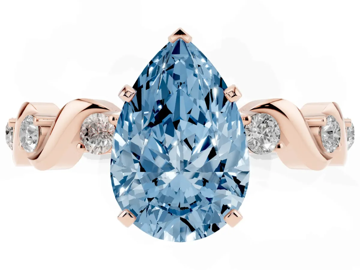Fancy Blue Pear Cut Diamond Solitaire Twisted Band with Round Accents and Prong Setting Rose gold