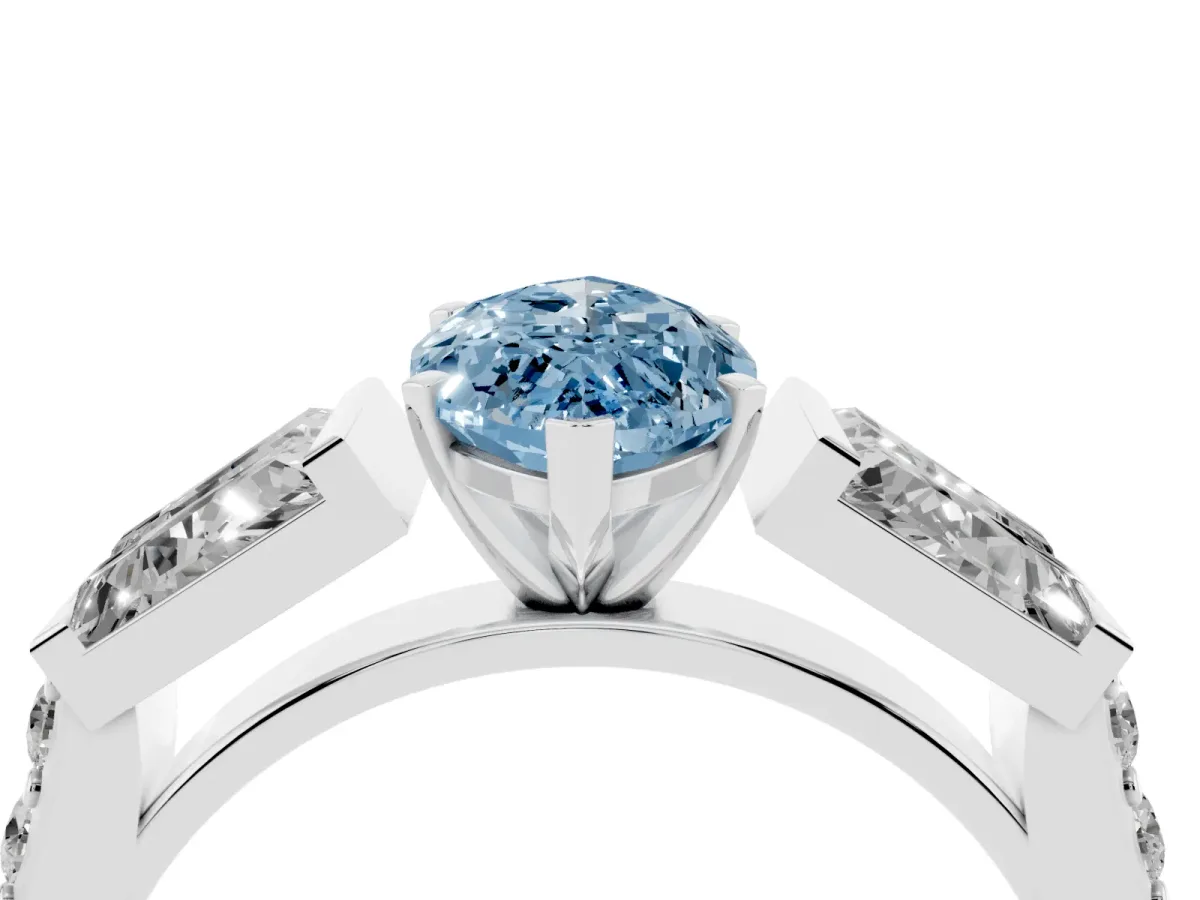 Fancy Blue Marquise Cut Diamond Engagement Ring with Baguette Side Stones and Channel Set Band Platinum