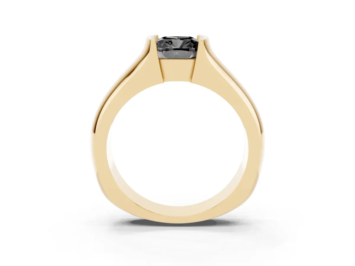 Fancy Black Cushion Cut Solitaire Bezel Set Diamond Ring with Wide Band Yellow gold