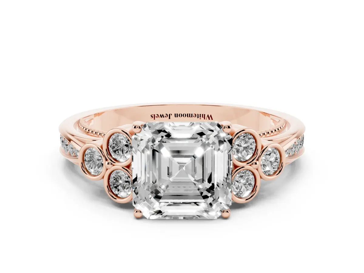 Asscher Cut Cut Diamond Engagement Ring with Bezel Set Round Side Stones and Prong Setting Rose gold