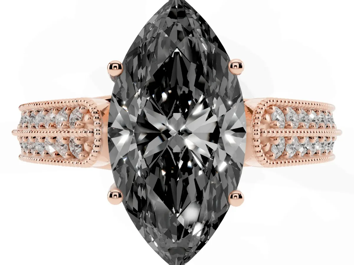 Fancy Black Marquise Cut Cut Pave Split Shank Engagement Ring with Four-Prong Setting Rose gold