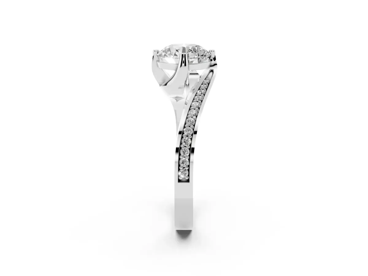 Round Cut Solitaire Diamond Twist Band with Pavé Setting and Four-Prong Setting Silver