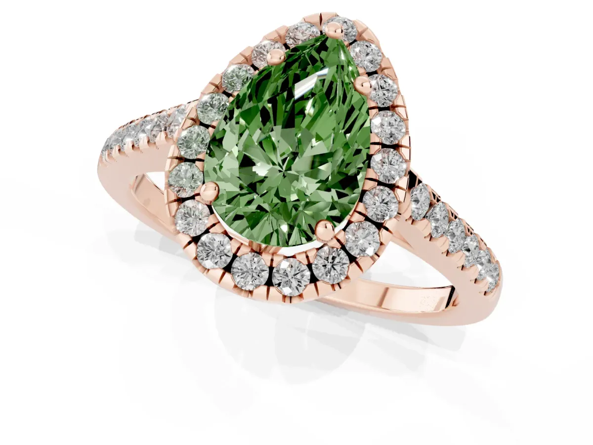 Fancy Green Pear Cut Halo Pavé Diamond Engagement Ring with Four-Prong Setting Rose gold