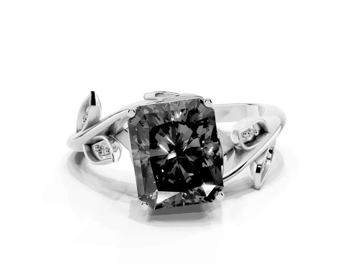 Fancy Black Radiant Cut Solitaire Twist Engagement Ring with Leaf Accents and Prong Setting White gold