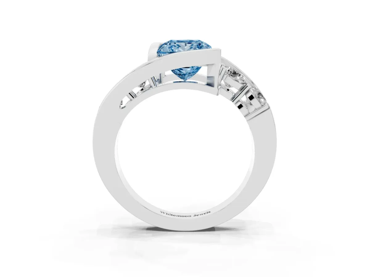 Fancy Blue Bezel Set Princess Cut Diamond Bypass Ring with Round Accents Platinum