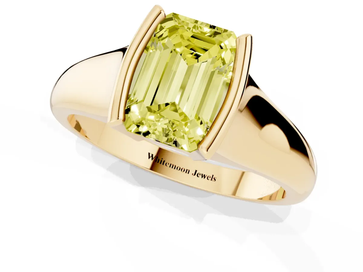Fancy Yellow Emerald Cut Solitaire Tension Set Diamond Ring with Split Shank Band Yellow gold