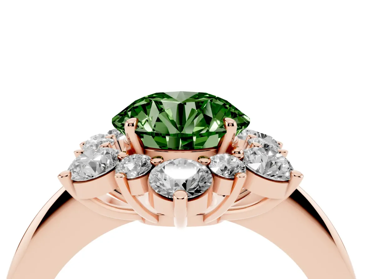 Fancy Green Round Cut Diamond Cluster Halo Ring with Solitaire Band and Four-Prong Setting Rose gold