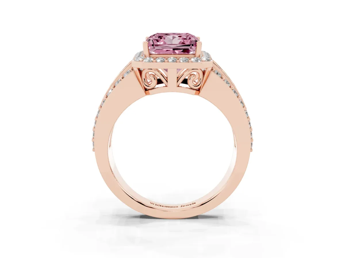 Fancy Pink Princess Cut Halo Diamond Ring with Round Split Shank and Prong Setting Rose gold