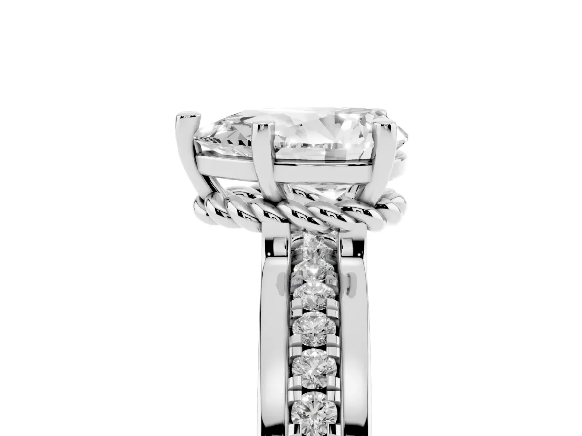 Pear Cut Solitaire Diamond Ring with Channel Set Band and Six-Prong Setting Silver