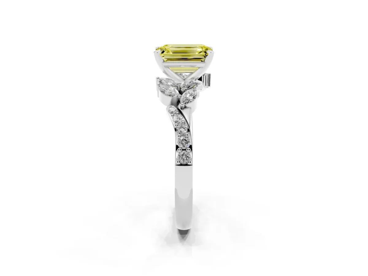 Fancy Yellow Emerald Cut Solitaire Marquise Twist Band with Six-Prong Setting Silver
