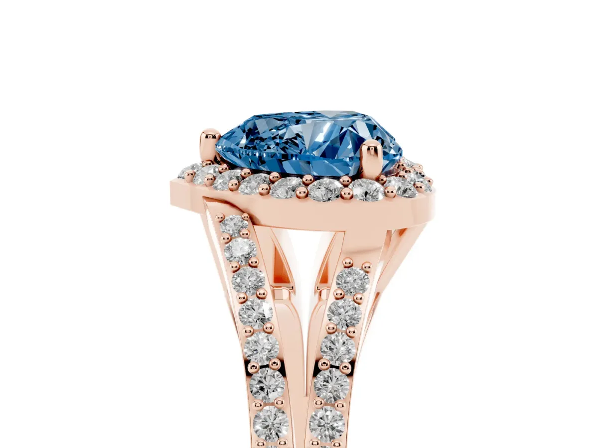 Fancy Blue Heart Cut Halo Split Shank Pave Diamond Ring with Four-Prong Setting Rose gold