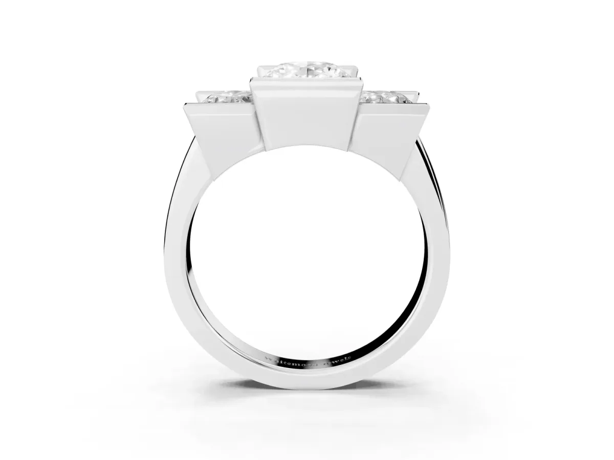 Three Stone Oval Cut Cut Channel Set Diamond Ring Silver