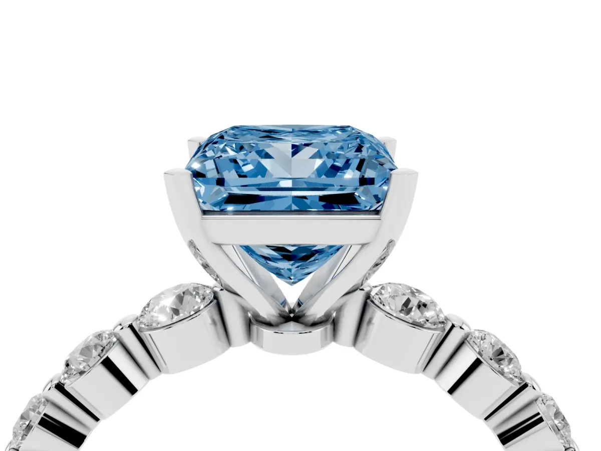 Fancy Blue Princess Cut Solitaire Diamond Ring with Pave Band and Four-Prong Setting Silver