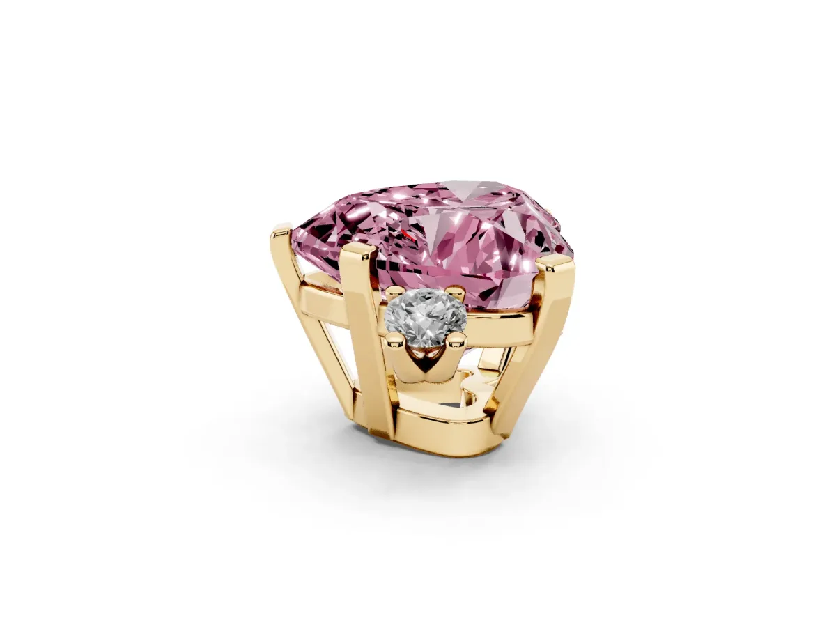 Fancy Pink Heart Cut Cut Three-Stone Solitaire Ring with Round Accent Diamonds and Four-Prong Setting Yellow gold