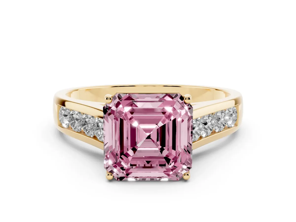 Fancy Pink Asscher Cut Brilliant Channel-Set Solitaire Ring with Four-Prong Setting Yellow gold