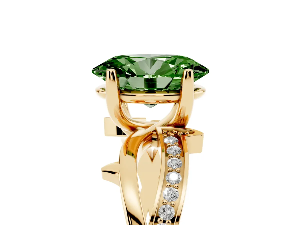 Fancy Green Oval Cut Solitaire Twist Band with Pavé Accents and Four-Prong Setting Yellow gold