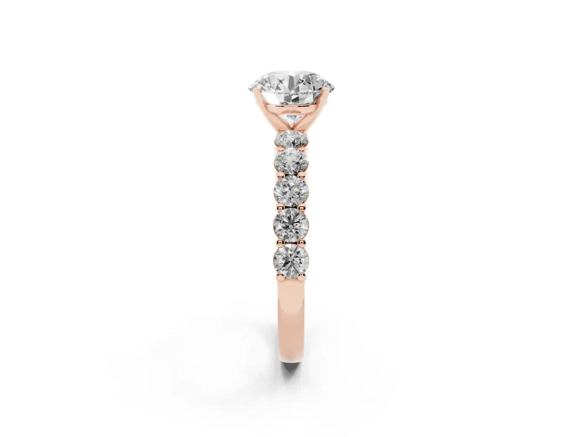 Round Cut Diamond Solitaire Ring with Shared Prong Round Side Stones Rose gold