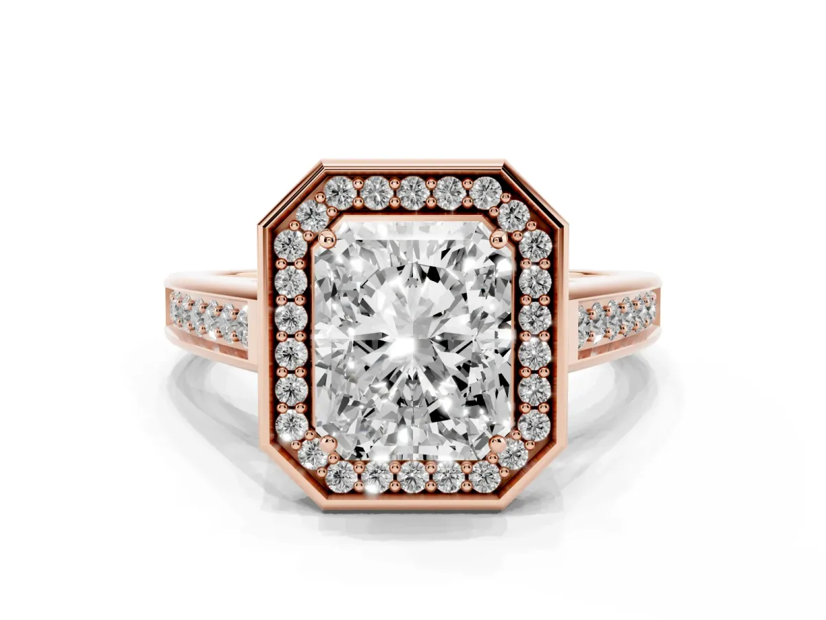 Emerald Cut Halo Solitaire Diamond Ring with Pave Band and Bezel Setting Rose gold