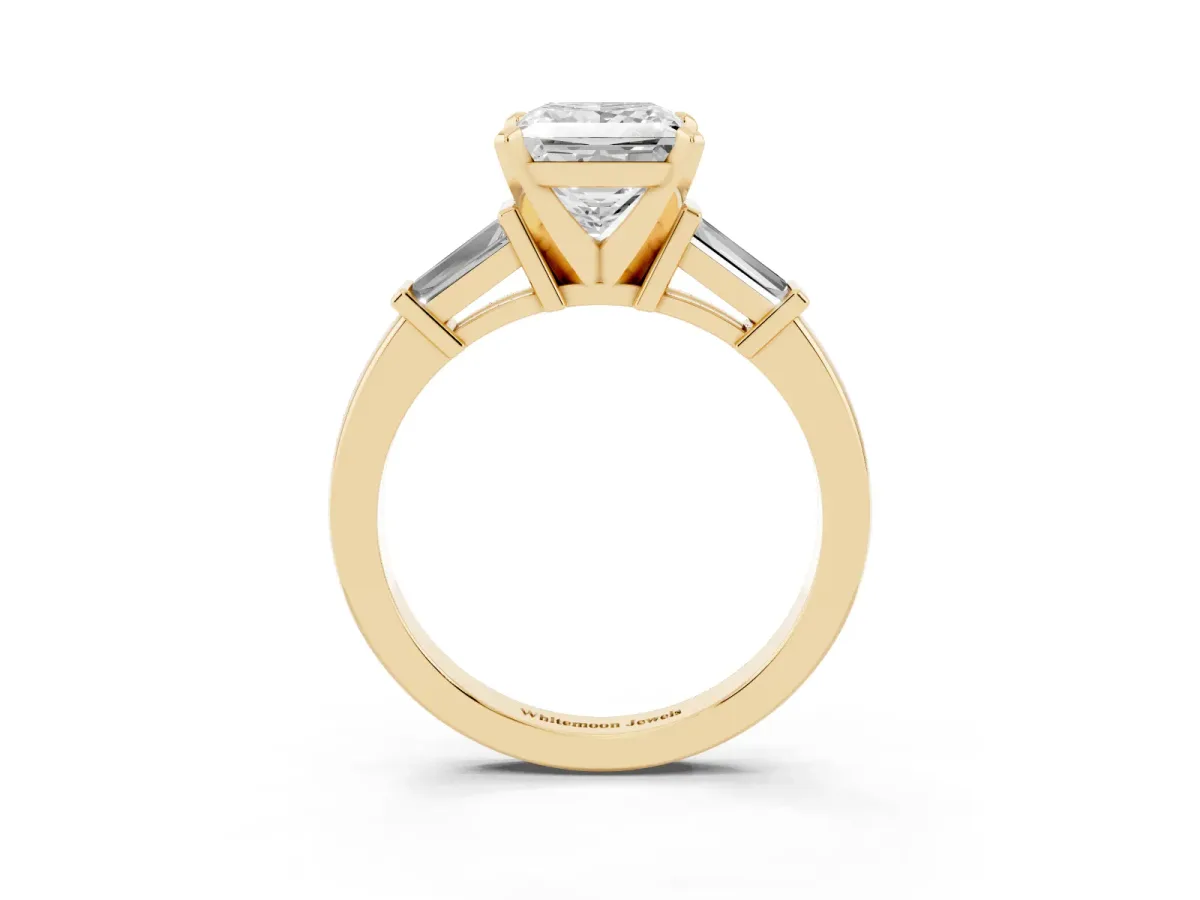 Princess Cut Cut Diamond Solitaire Ring with Tapered Baguette Accents and Four-Prong Setting Yellow gold
