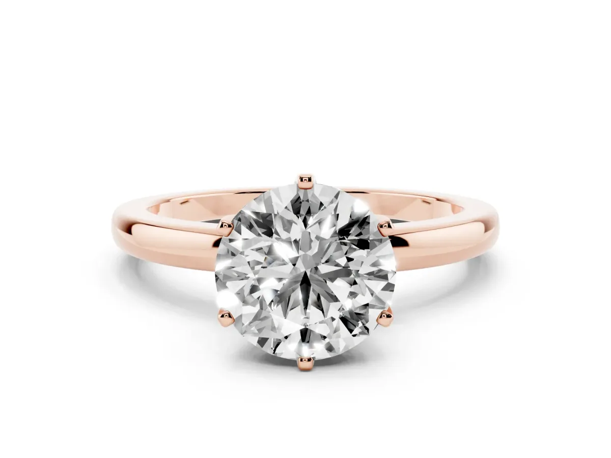 Round Cut Solitaire Diamond Ring with Six-Prong Setting on a Classic Band Rose gold